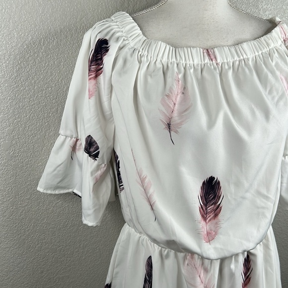 Boho Festival Coachella Off The Shoulder Feather Print Summer Dress Size Large - Picture 2 of 5